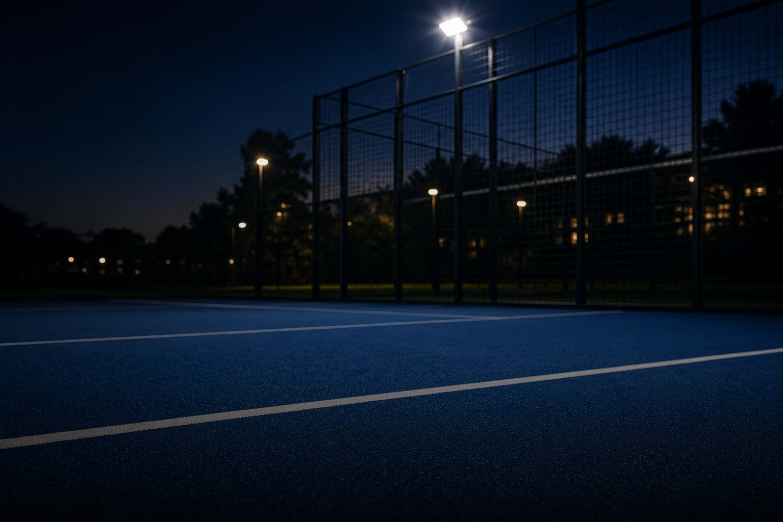 A blue padel court at night, lit by a floodlight above the perimeter fence